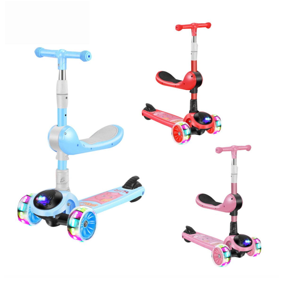 Scooter Patín del diablo Infantil Montable con asiento y luces led Color Rosa.
