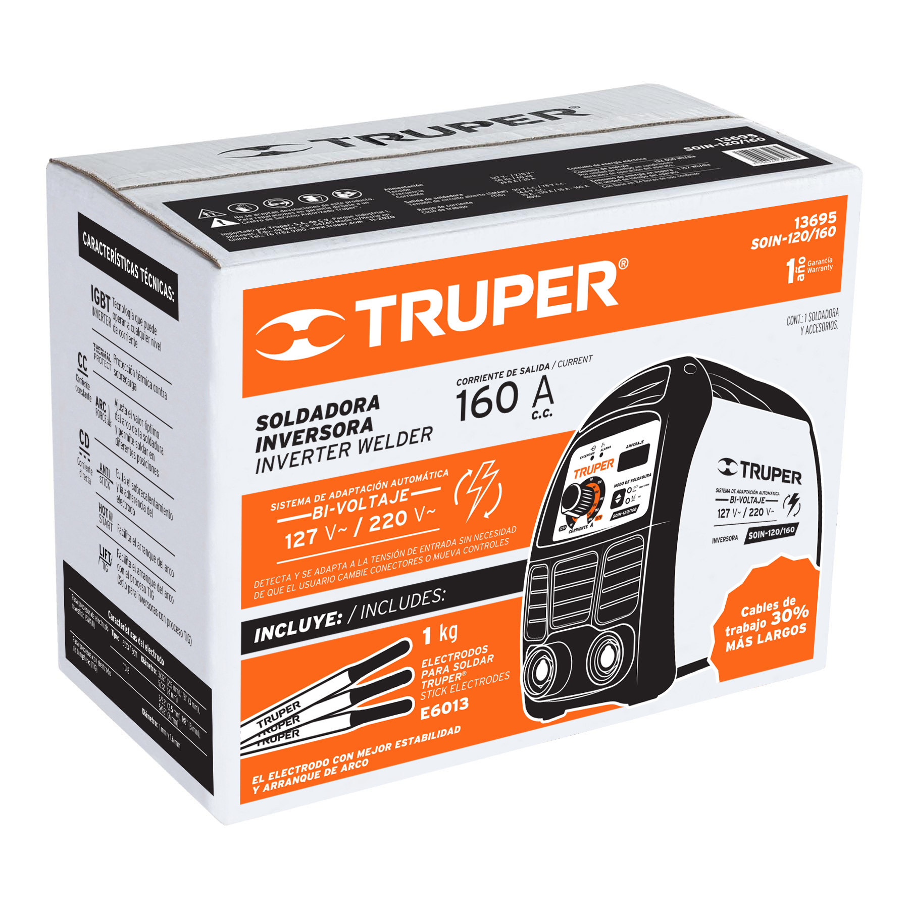 Soldadora inversora Truper bi-voltaje 160 A 127 V/220 V 13695 naranja