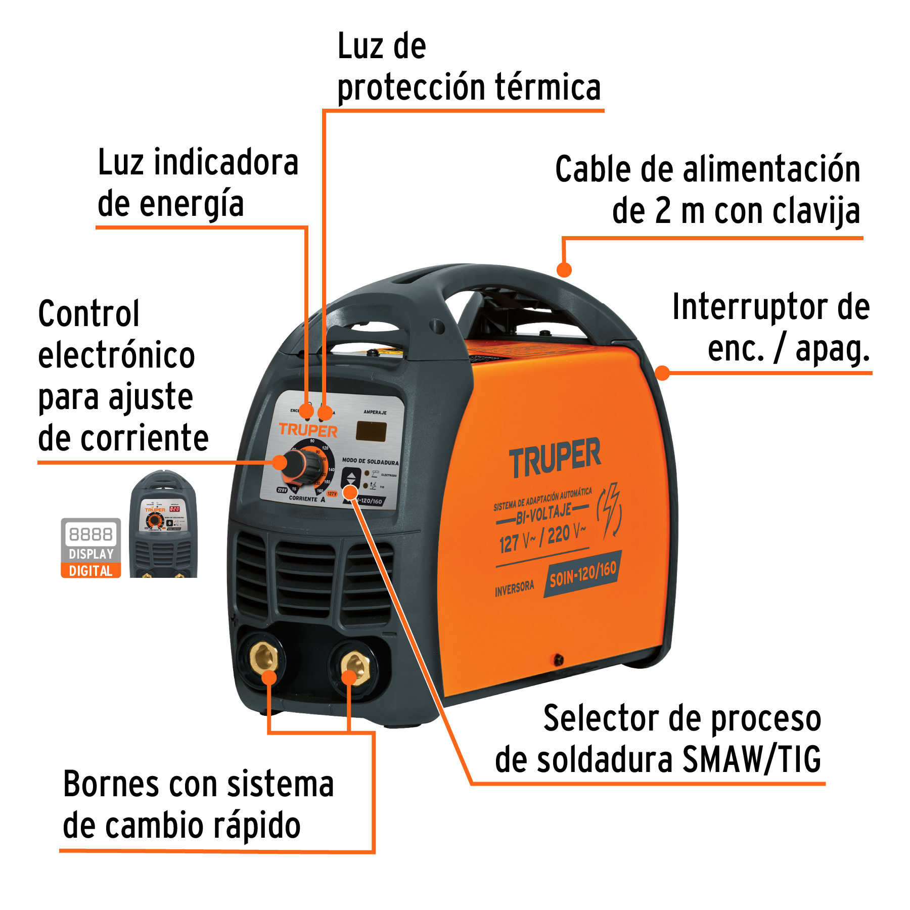 Soldadora inversora Truper bi-voltaje 160 A 127 V/220 V 13695 naranja