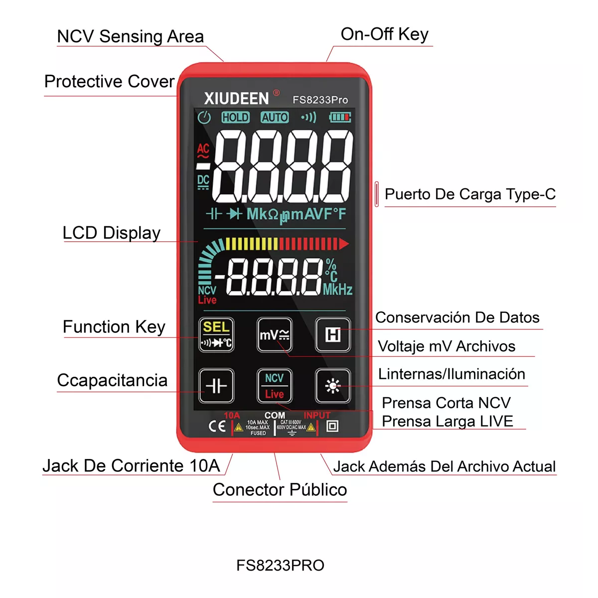 Voltímetro Multimetro Digital Tactil Recargable Lcd 600mah