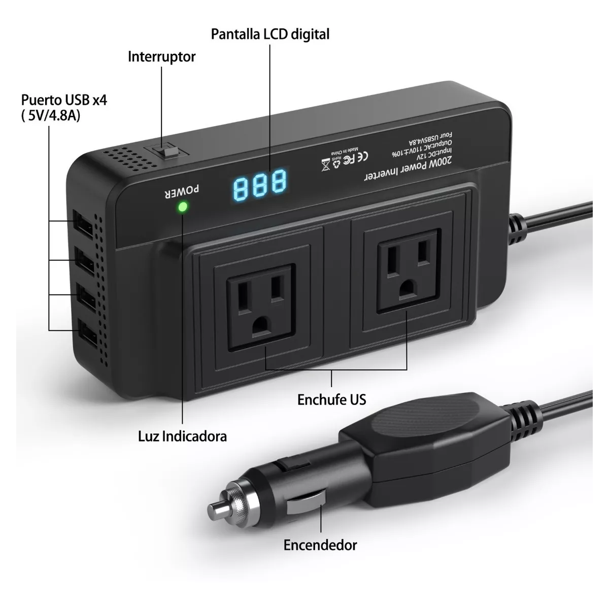 Inversor De Corriente Portátil Para Auto De 200w 12v A 110v