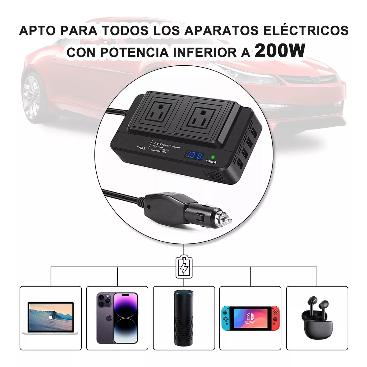Inversor De Corriente Portátil Para Auto De 200w 12v A 110v