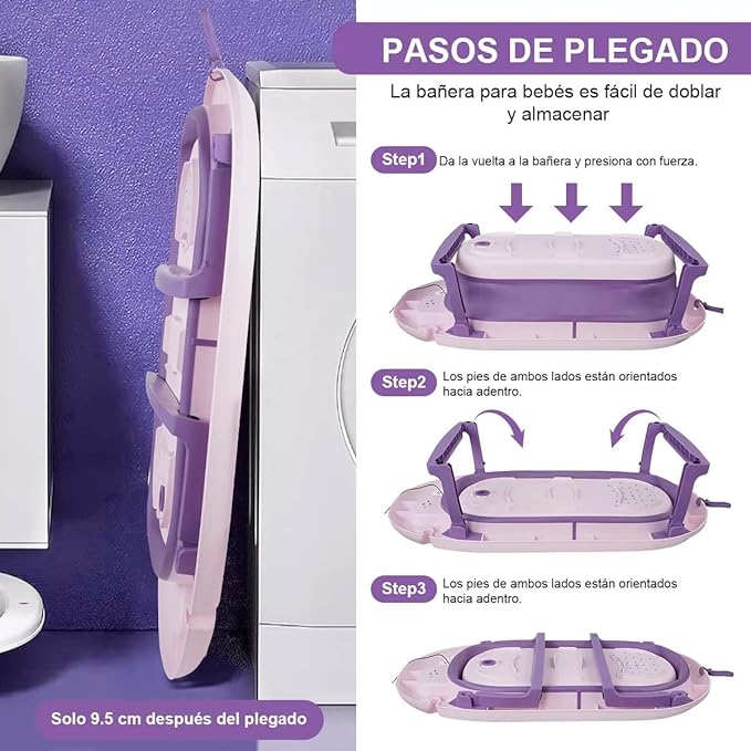 A Tina de Baño para Bebé Plegable con Termómetro y Cojín Antideslizante – Ideal para Viajes, Segura y Ecológica, Incluye Accesorios de Baño, Púrpura.