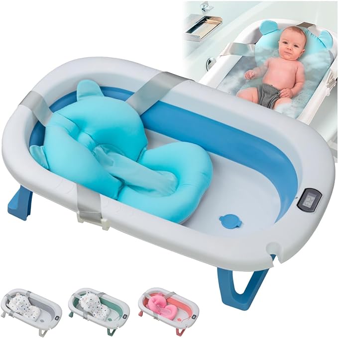 A SELECTSHOP Bañera Para Bebe Con Cojin Tina de Baño para Bebe Bañera para Bebés y Niños Pequeños Plegable Portatil con Medidor Digital de Temperatura Tamaño Infantil (Azul).