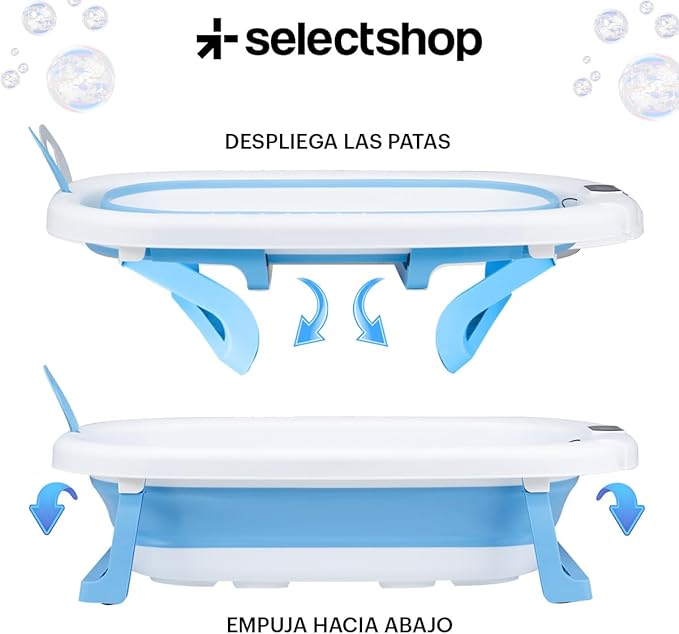 A SELECTSHOP Bañera Para Bebe Con Cojin Tina de Baño para Bebe Bañera para Bebés y Niños Pequeños Plegable Portatil con Medidor Digital de Temperatura Tamaño Infantil (Azul).