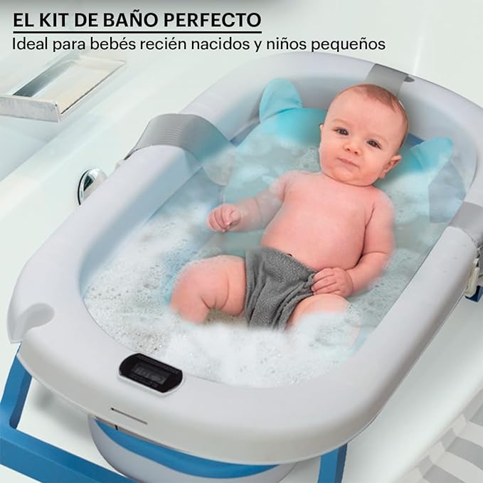 A SELECTSHOP Bañera Para Bebe Con Cojin Tina de Baño para Bebe Bañera para Bebés y Niños Pequeños Plegable Portatil con Medidor Digital de Temperatura Tamaño Infantil (Azul).
