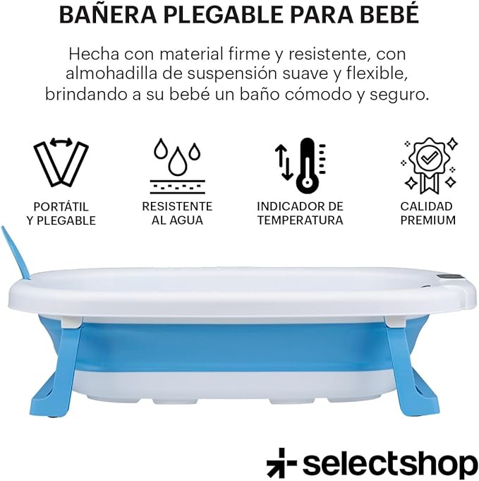 A SELECTSHOP Bañera Para Bebe Con Cojin Tina de Baño para Bebe Bañera para Bebés y Niños Pequeños Plegable Portatil con Medidor Digital de Temperatura Tamaño Infantil (Azul).