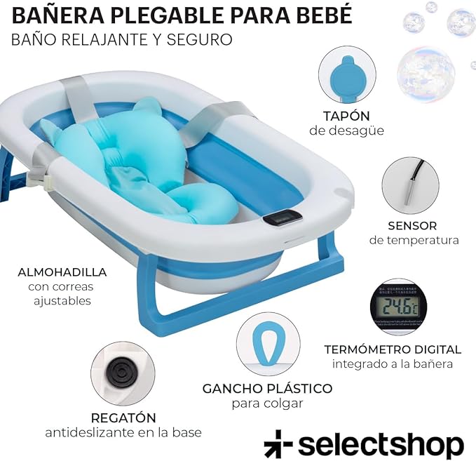 A SELECTSHOP Bañera Para Bebe Con Cojin Tina de Baño para Bebe Bañera para Bebés y Niños Pequeños Plegable Portatil con Medidor Digital de Temperatura Tamaño Infantil (Azul).