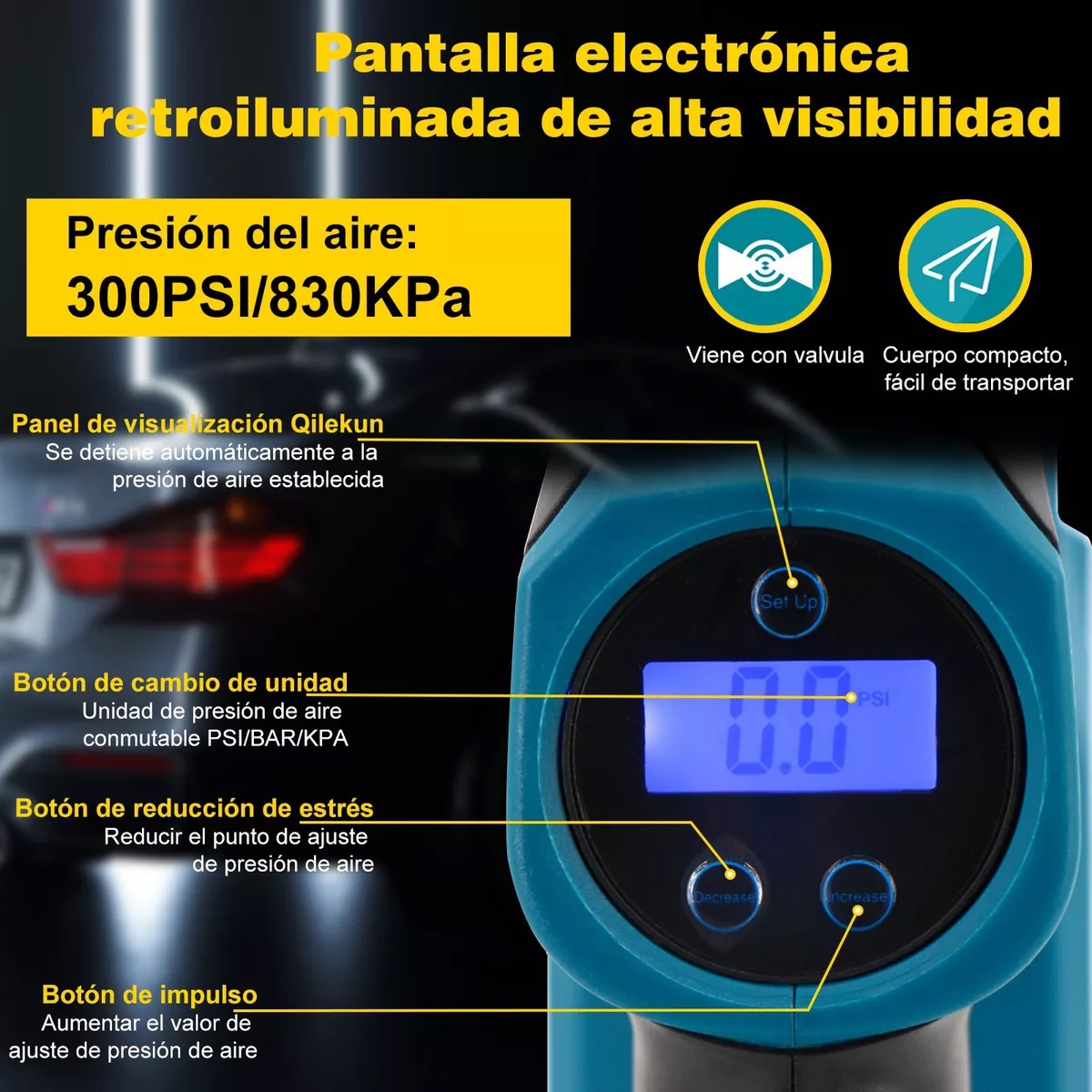Compresor De Aire Inflador Llantas Inalámbrico Portátil Azul.