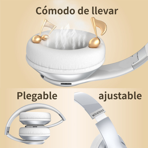 Audífonos over-ear Gamer Diadema Inalambricos Wolfalsoner 9S plateado Bluetooth Con Micrófono, con luz led,llamadas Manos Libres,60 horas de batería,6 modos de ecualización,Compatible iOS y Android