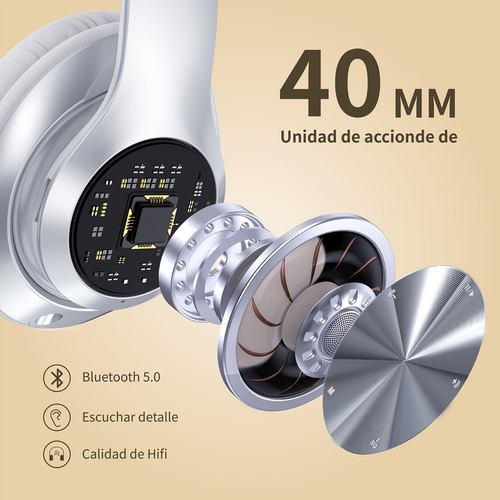 Audífonos over-ear Gamer Diadema Inalambricos Wolfalsoner 9S plateado Bluetooth Con Micrófono, con luz led,llamadas Manos Libres,60 horas de batería,6 modos de ecualización,Compatible iOS y Android