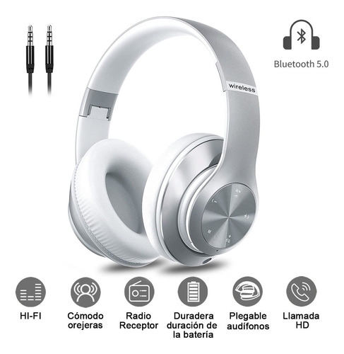 Audífonos over-ear Gamer Diadema Inalambricos Wolfalsoner 9S plateado Bluetooth Con Micrófono, con luz led,llamadas Manos Libres,60 horas de batería,6 modos de ecualización,Compatible iOS y Android