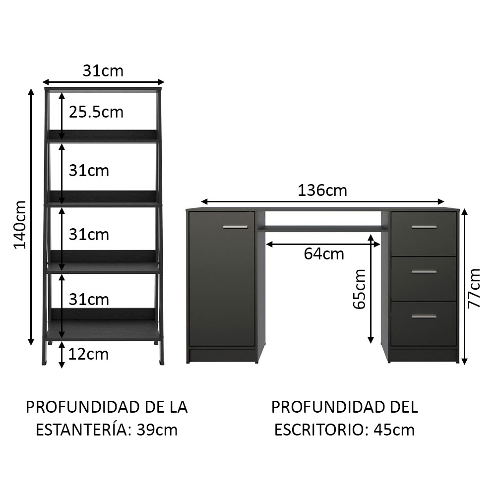 Escritorio Madesa Alaska Con Estantería Escalera Negro