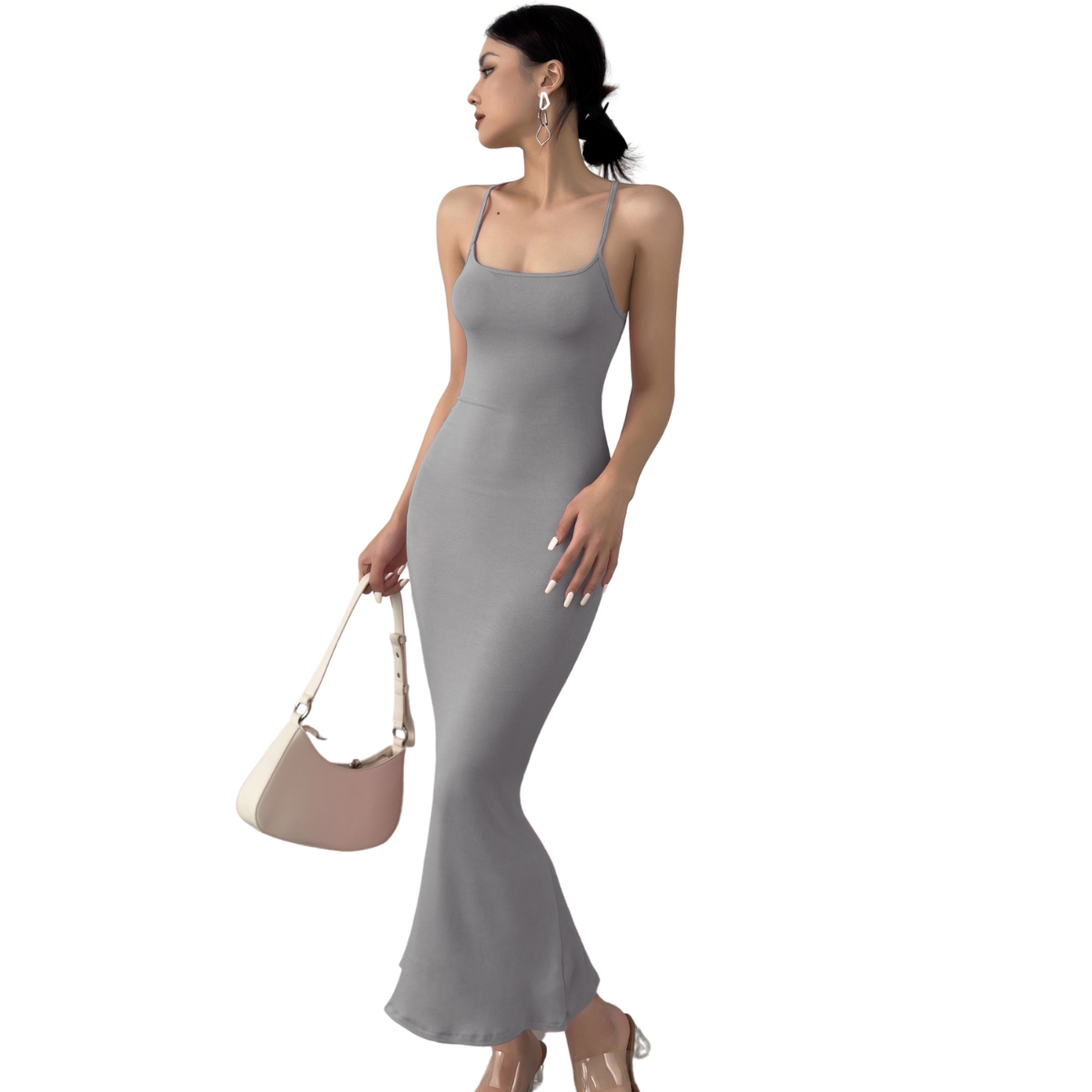 Vestido Largo Casual para Mujer, Cuello Redondo, Listones en Espalda, Elegante, Sexy, Ajustado.