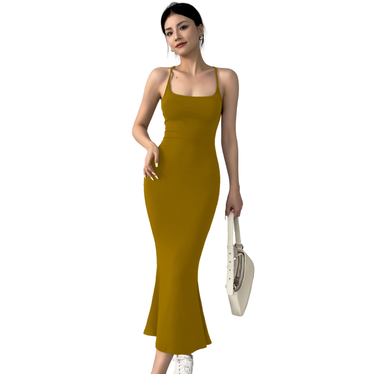 Vestido Largo Casual para Mujer, Cuello Redondo, Listones en Espalda, Elegante, Sexy, Ajustado.