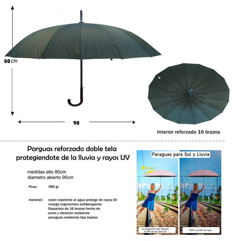 Paraguas sombrilla Automático Bastón Tela 90cm diam.  lluvia sol 2454