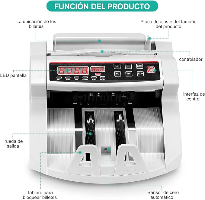 A  Detector de Billetes Falsos con pantalla LED Doble Display,1000 Billetes por Minuto Maquina para Contar Dinero Billetes Mexicanos.