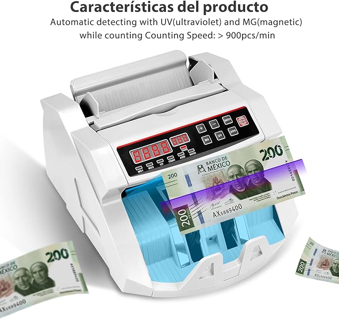 A  Detector de Billetes Falsos con pantalla LED Doble Display,1000 Billetes por Minuto Maquina para Contar Dinero Billetes Mexicanos.