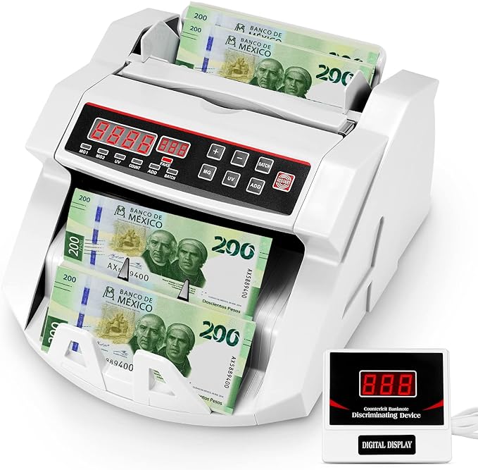 A  Detector de Billetes Falsos con pantalla LED Doble Display,1000 Billetes por Minuto Maquina para Contar Dinero Billetes Mexicanos.