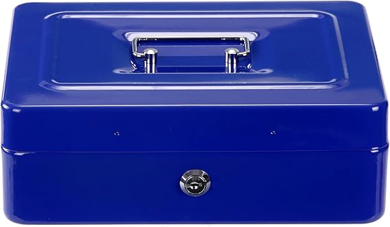 A Caja de efectivo de seguridad con cerradura 2 Llaves y bandeja 5 compartimientos de ahorro portátil de metal para cajón de caja fuerte con asa Alcancía ARCOSHOP KISHNELL (Azul).