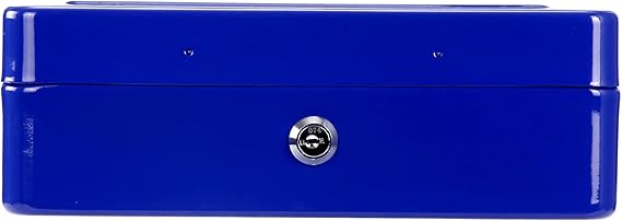 A Caja de efectivo de seguridad con cerradura 2 Llaves y bandeja 5 compartimientos de ahorro portátil de metal para cajón de caja fuerte con asa Alcancía ARCOSHOP KISHNELL (Azul).