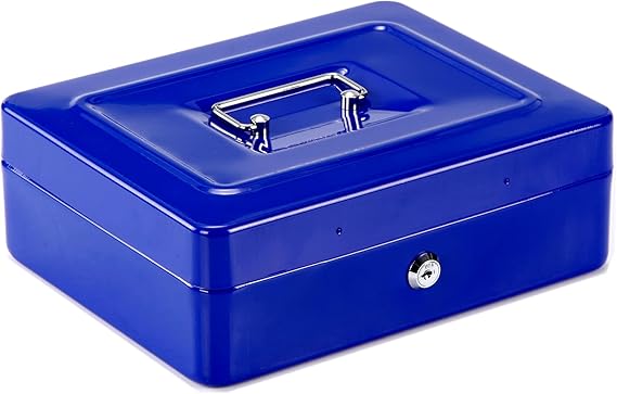 A Caja de efectivo de seguridad con cerradura 2 Llaves y bandeja 5 compartimientos de ahorro portátil de metal para cajón de caja fuerte con asa Alcancía ARCOSHOP KISHNELL (Azul).
