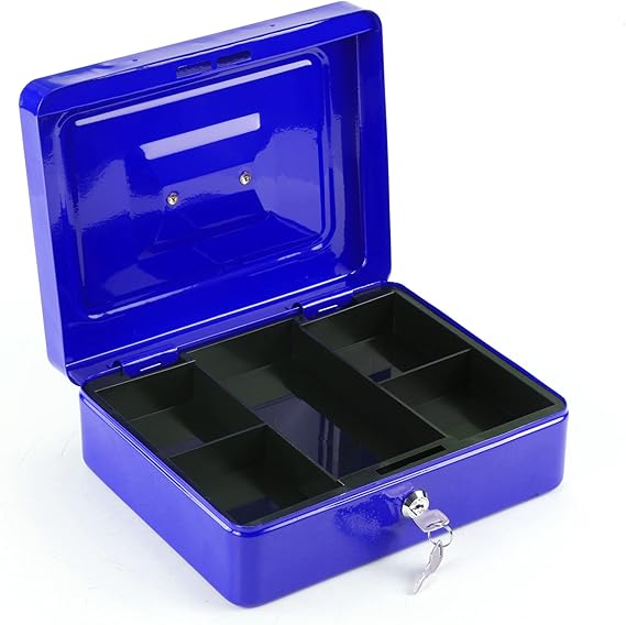 A Caja de efectivo de seguridad con cerradura 2 Llaves y bandeja 5 compartimientos de ahorro portátil de metal para cajón de caja fuerte con asa Alcancía ARCOSHOP KISHNELL (Azul).