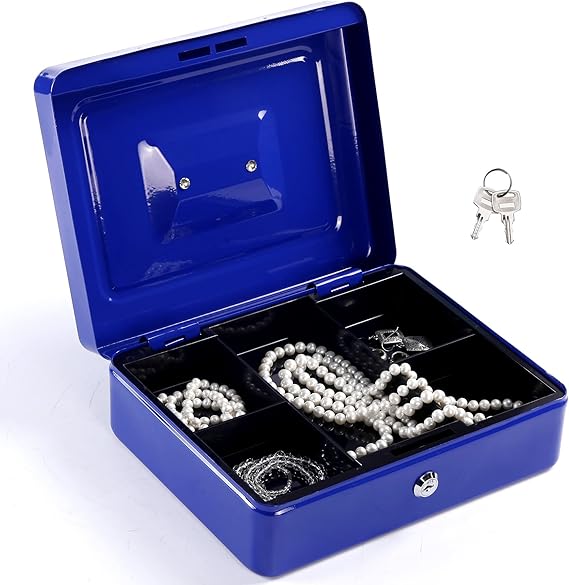 A Caja de efectivo de seguridad con cerradura 2 Llaves y bandeja 5 compartimientos de ahorro portátil de metal para cajón de caja fuerte con asa Alcancía ARCOSHOP KISHNELL (Azul).