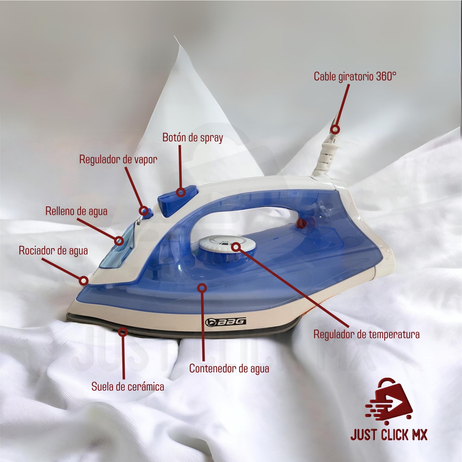 Plancha de Vapor Para Ropa Base Cerámica Azul.
