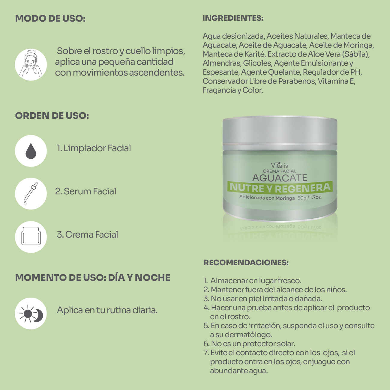 Crema Facial Aguacate y Moringa Hidratación y Antioxidantes Vitalis