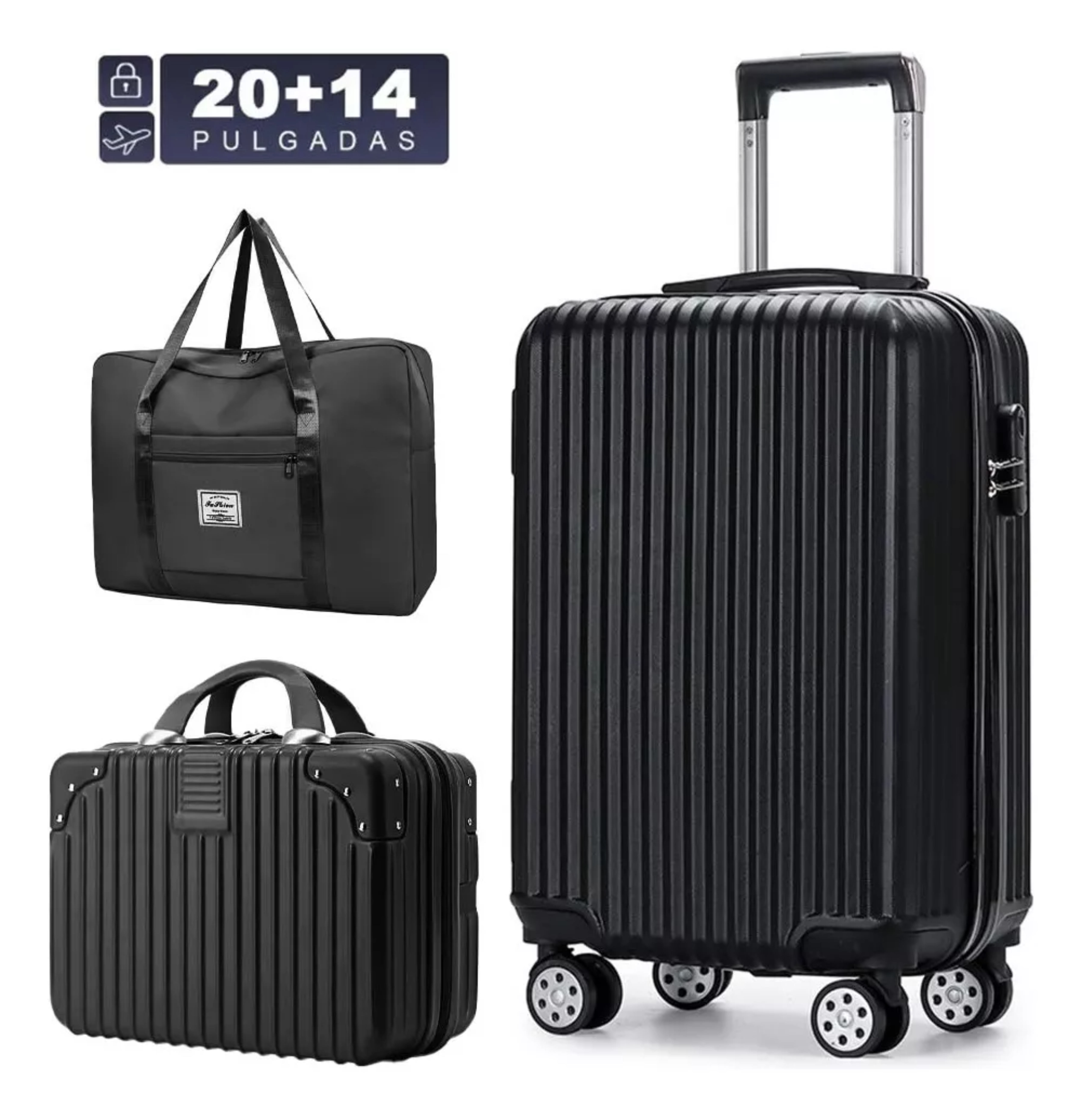 Maleta Mano De Viaje 20in 10kg Rigida 4 Ruedas Negro 3pc.