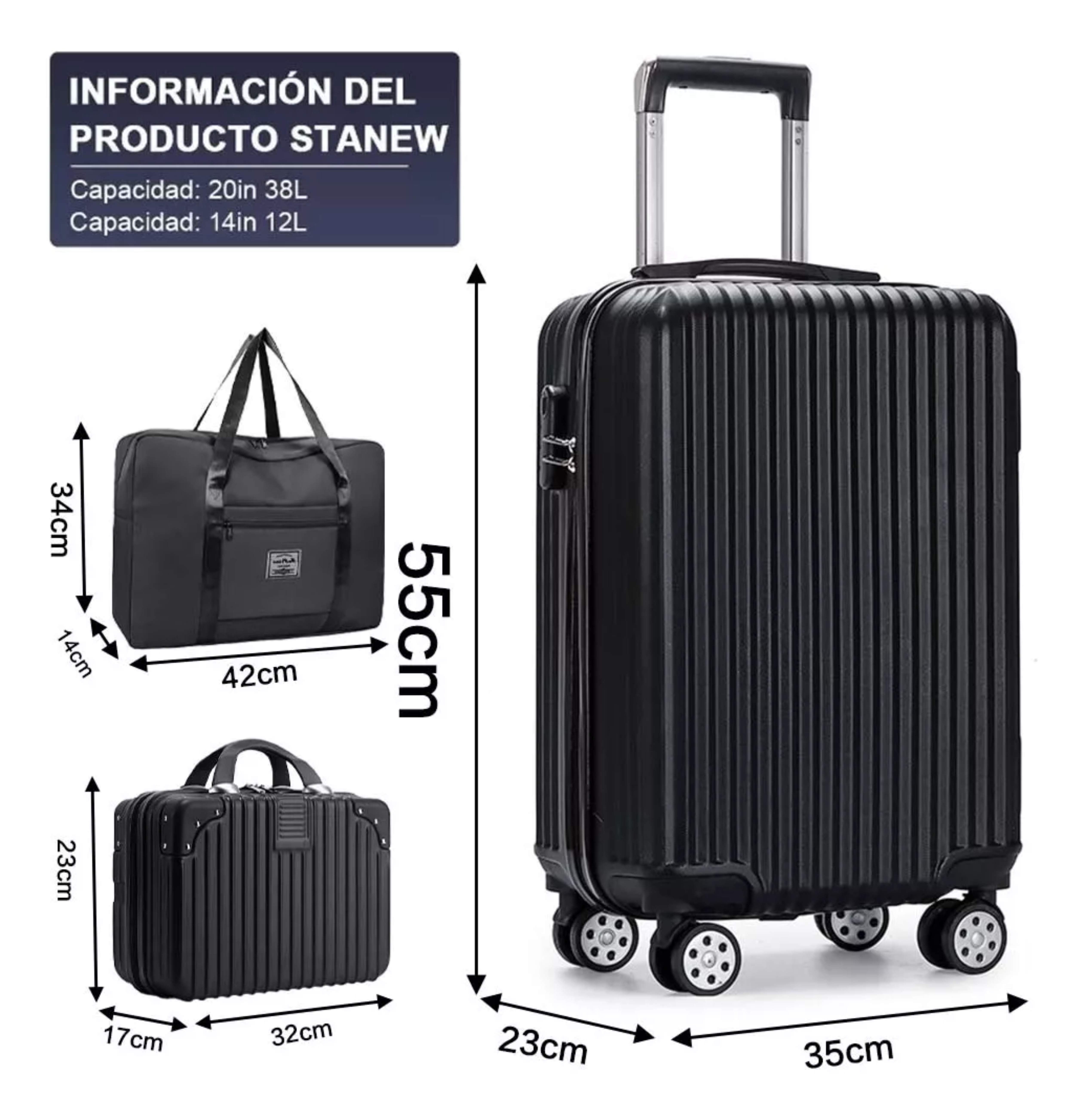 Maleta Mano De Viaje 20in 10kg Rigida 4 Ruedas Negro 3pc.