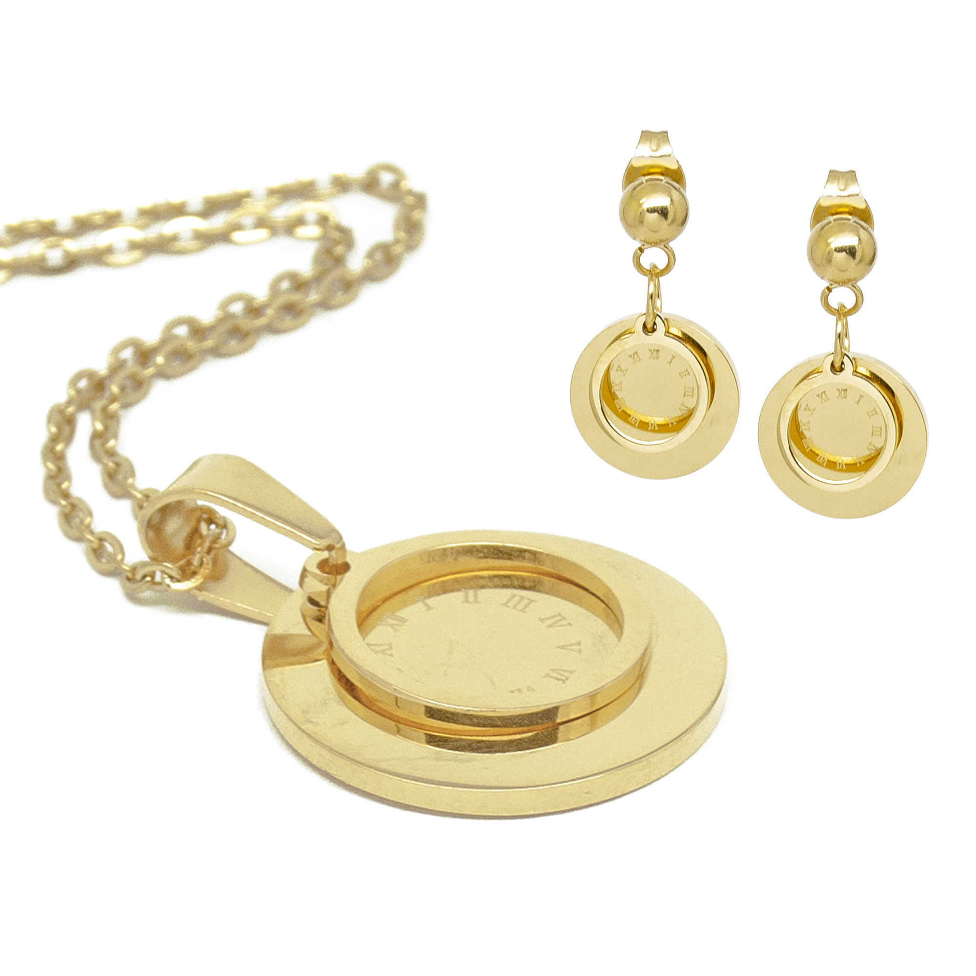 Set Acero Nk dije y aretes circular con números Romanos