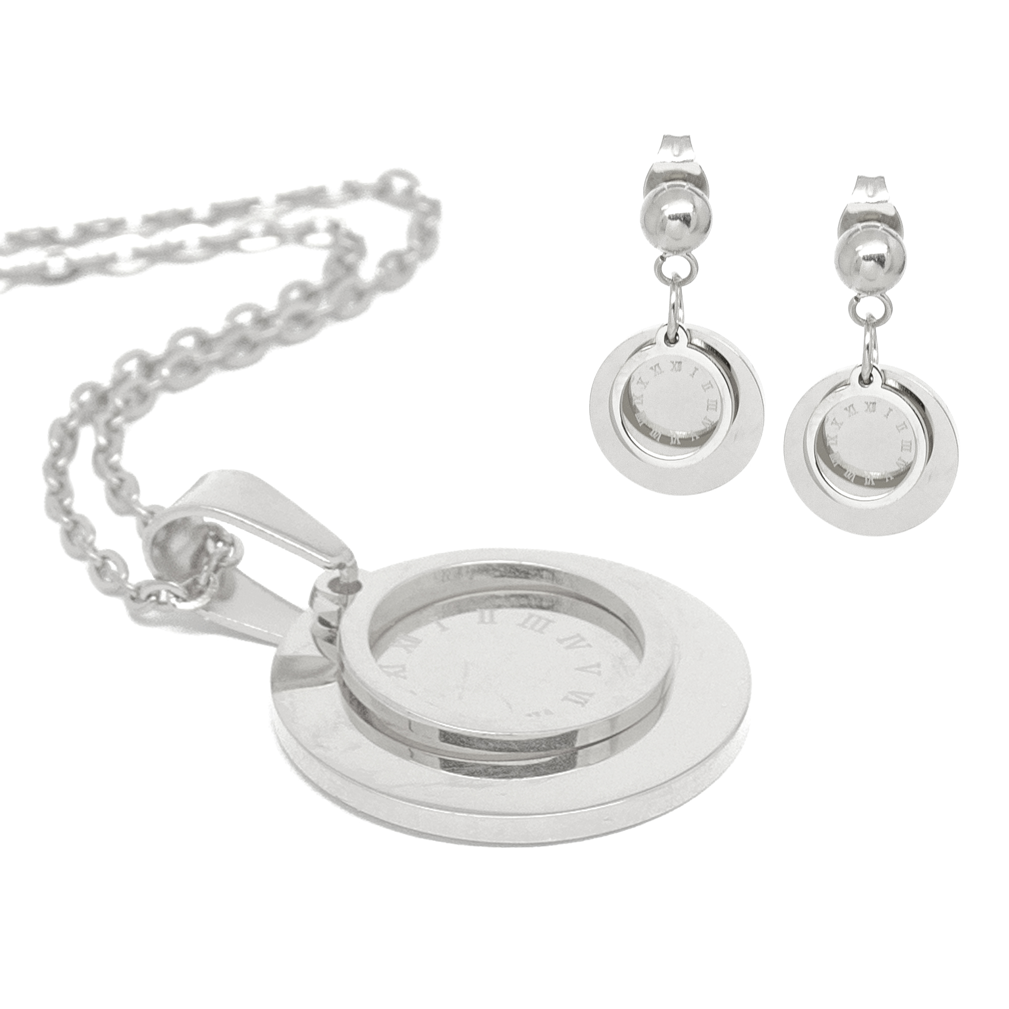 Set Acero Nk dije y aretes circular con números Romanos