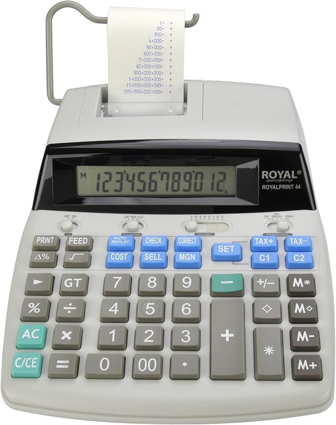 A Royal Print 44, Calculadora con Impresora, 12 digitos, Impresion de Fecha y Hora.