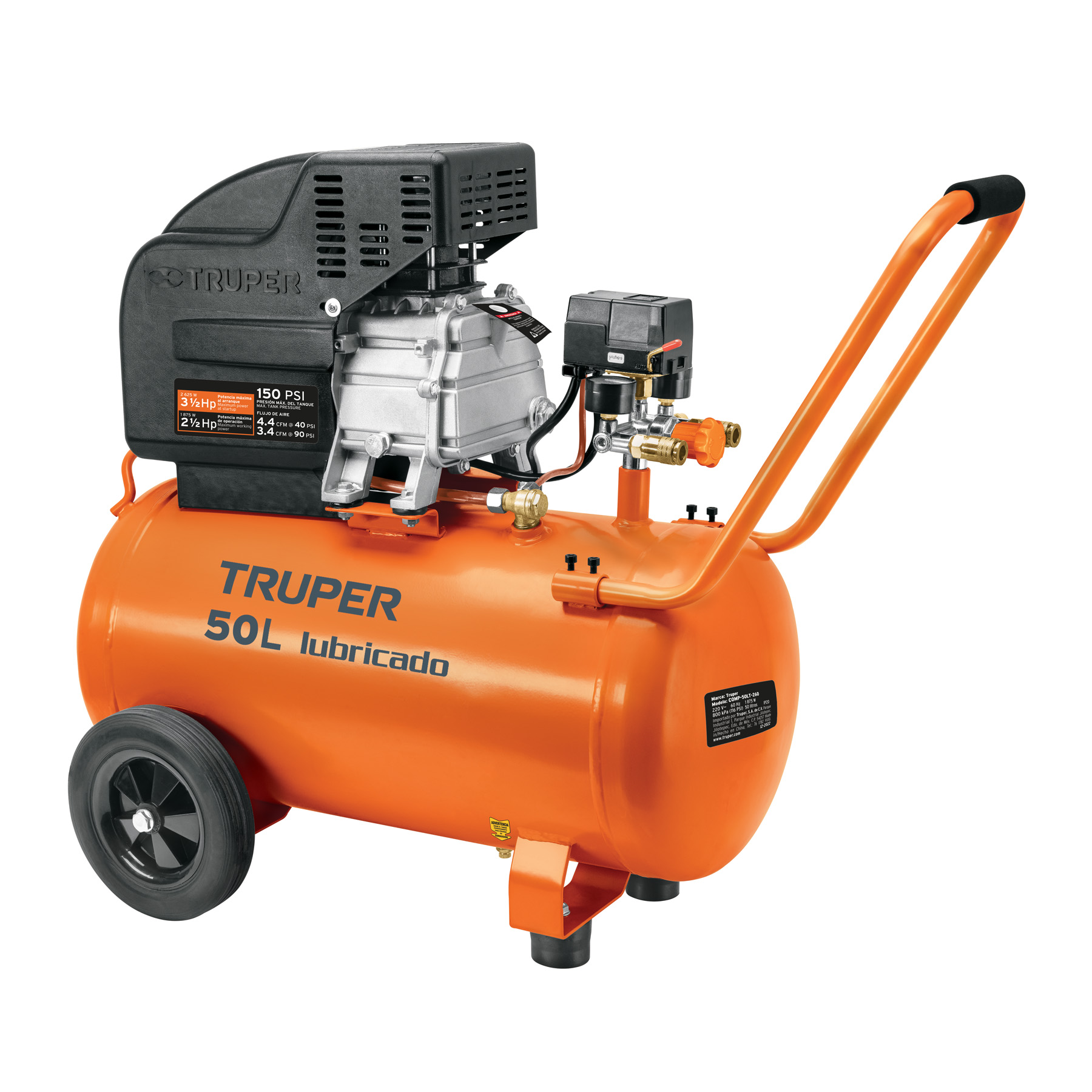 Compresor de aire Truper lubricado horizontal 50L 3 1/2 HP 127V COMP50LT naranja