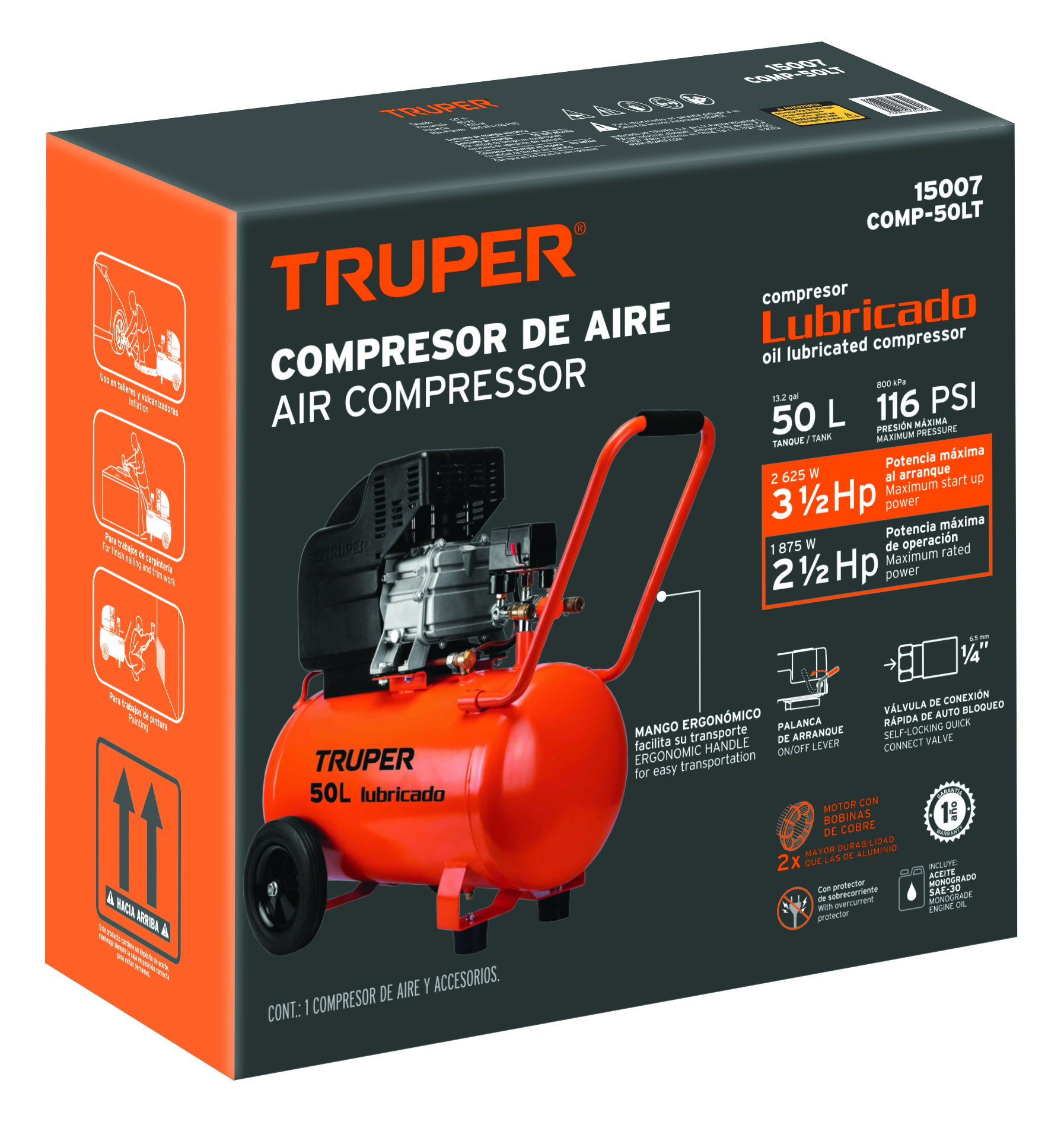 Compresor de aire Truper lubricado horizontal 50L 3 1/2 HP 127V COMP50LT naranja