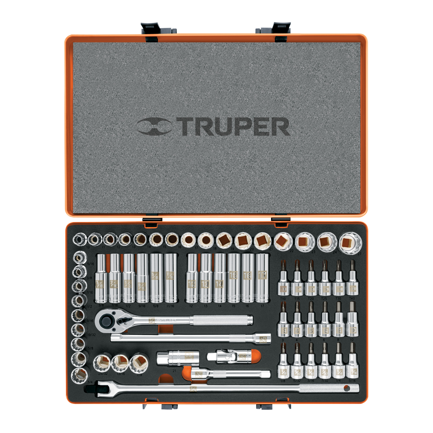 Juego de 64 herramientas Truper cuadro 1/2 pul std y mm para mecánico 12892 naranja