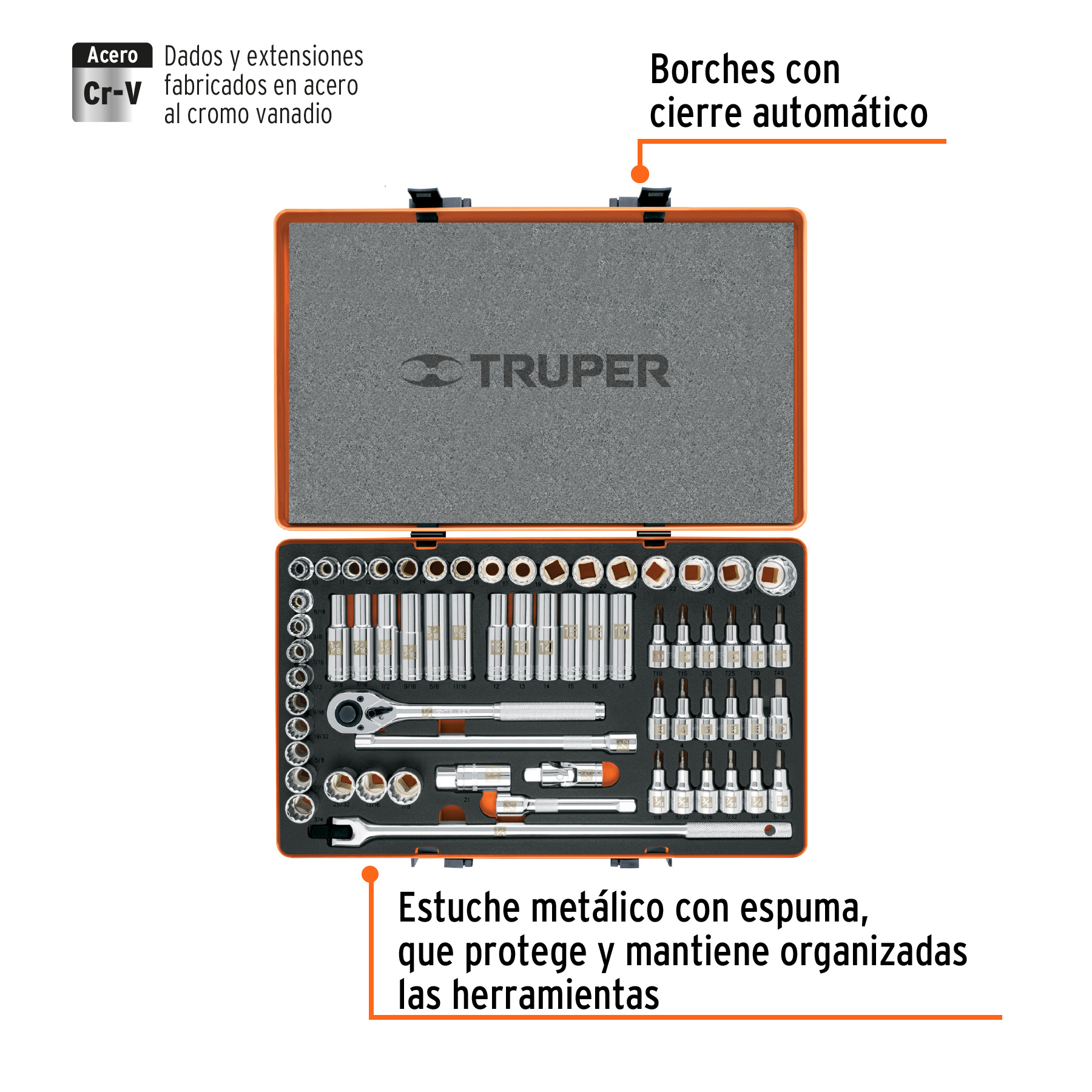 Juego de 64 herramientas Truper cuadro 1/2 pul std y mm para mecánico 12892 naranja