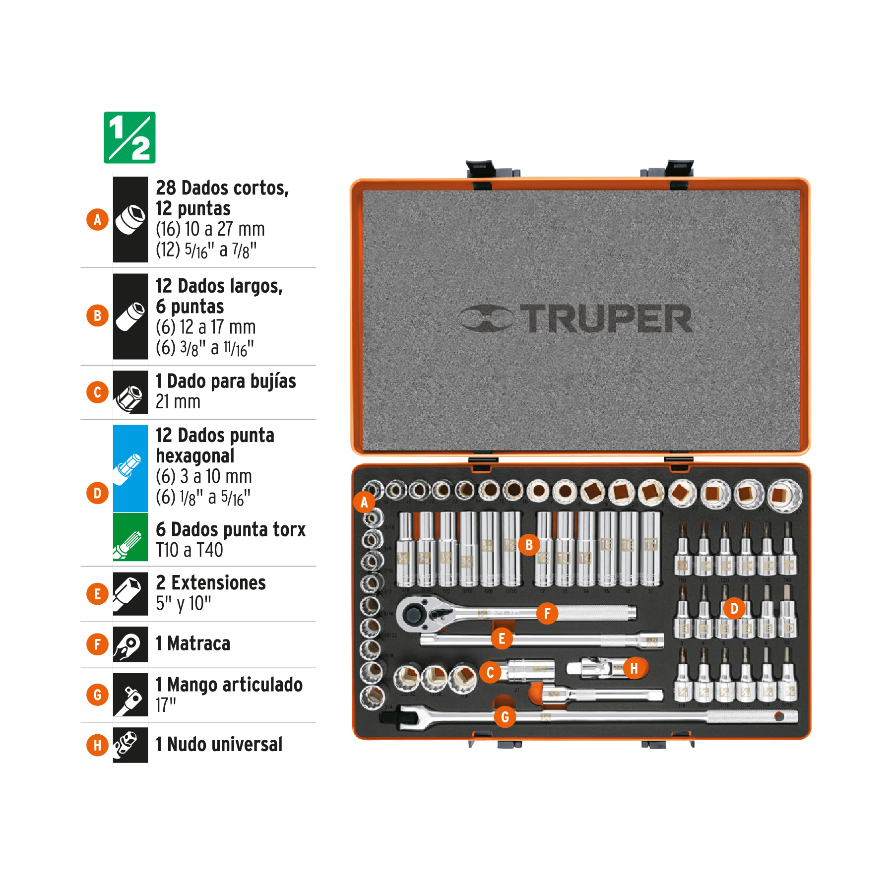 Juego de 64 herramientas Truper cuadro 1/2 pul std y mm para mecánico 12892 naranja