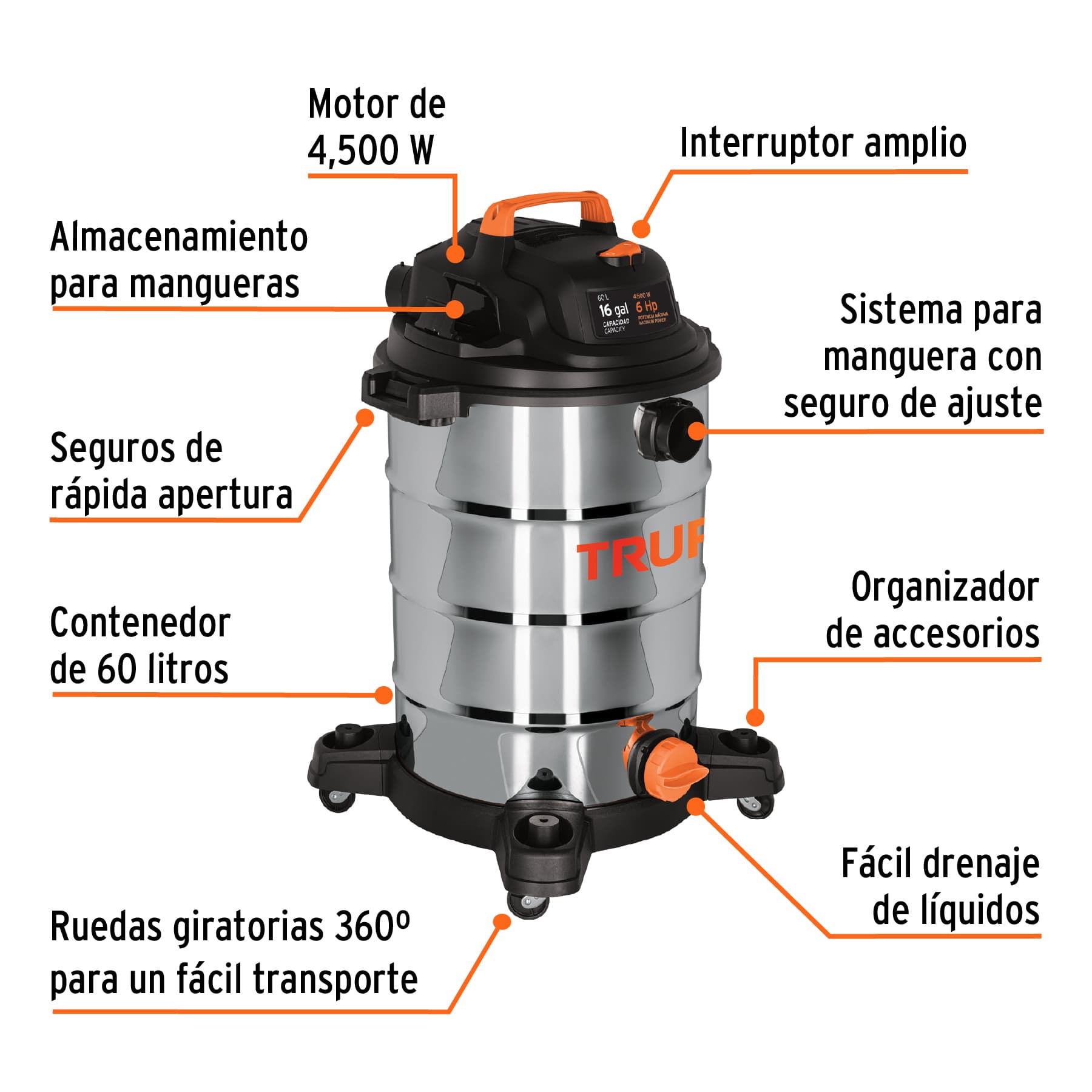 Aspiradora Truper de sólidos y líquidos 16 gal acero inox ASP16X plateado