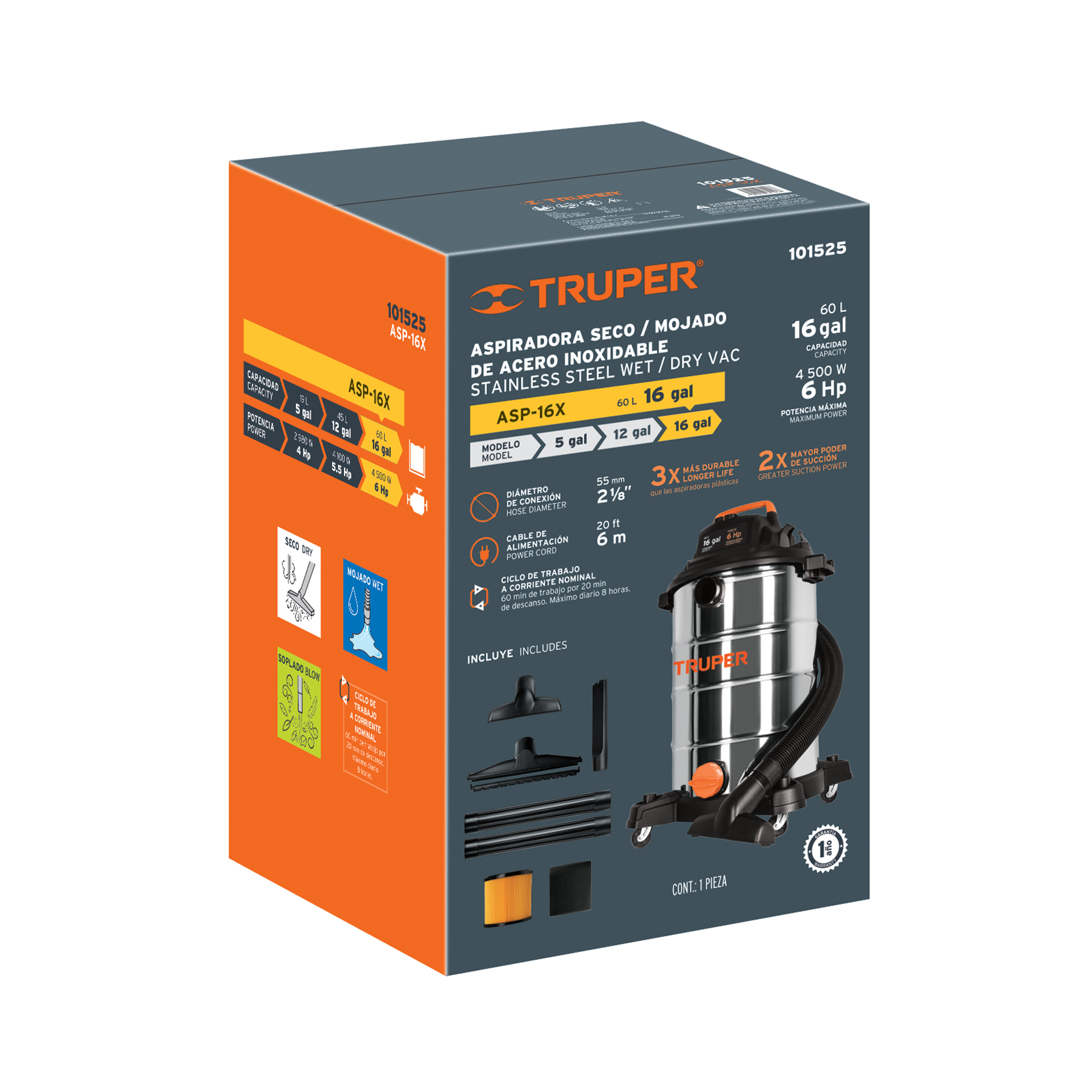 Aspiradora Truper de sólidos y líquidos 16 gal acero inox ASP16X plateado