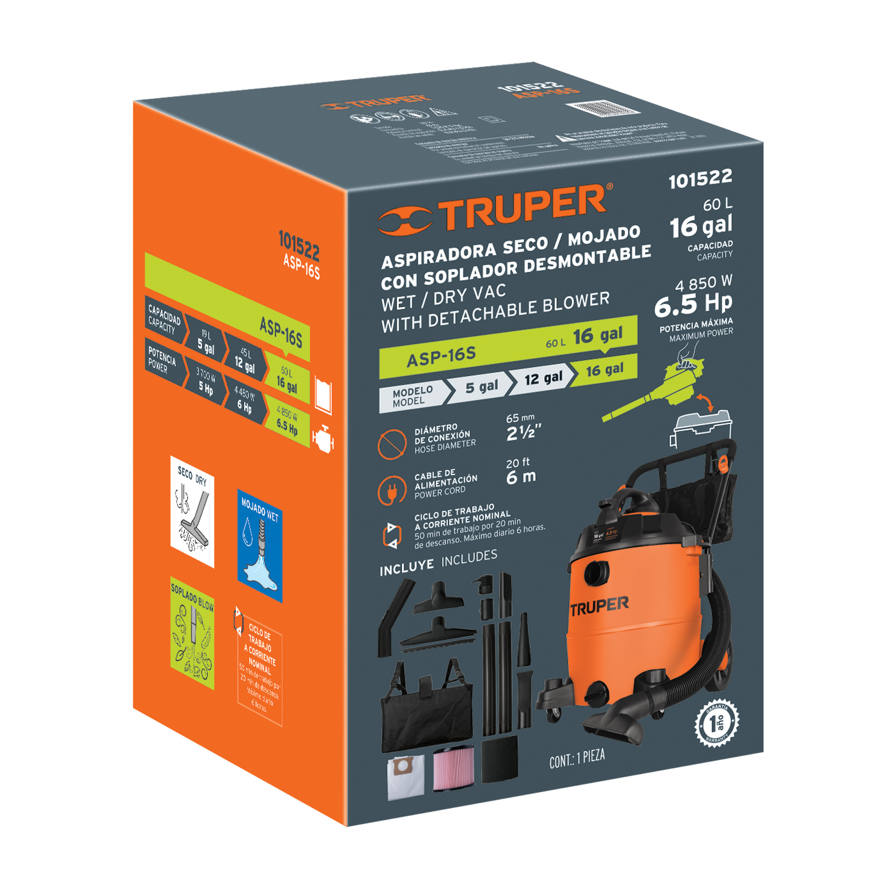 Aspiradora sopladora Truper de sólidos y líquidos 16 gal plástica ASP16S naranja