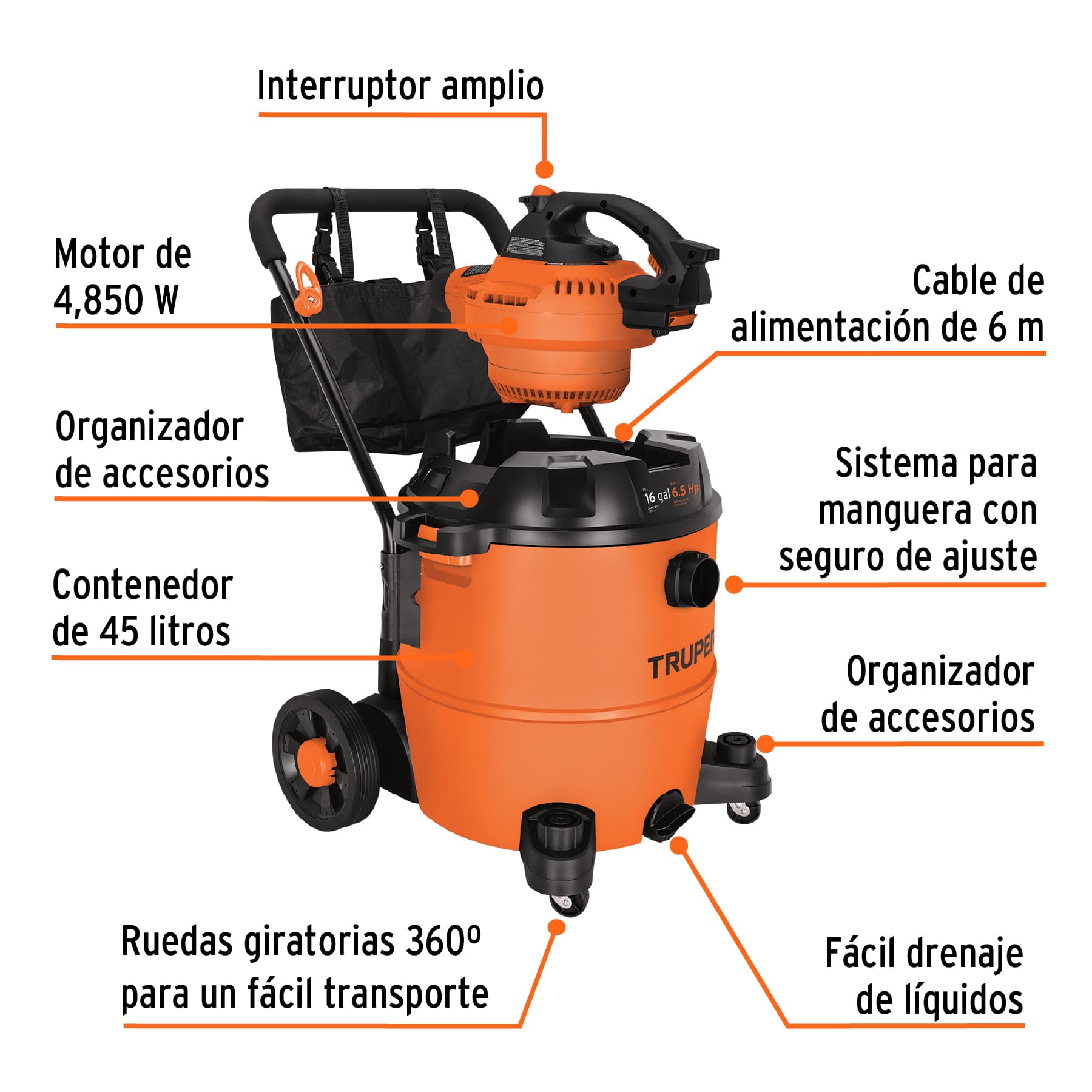 Aspiradora sopladora Truper de sólidos y líquidos 16 gal plástica ASP16S naranja