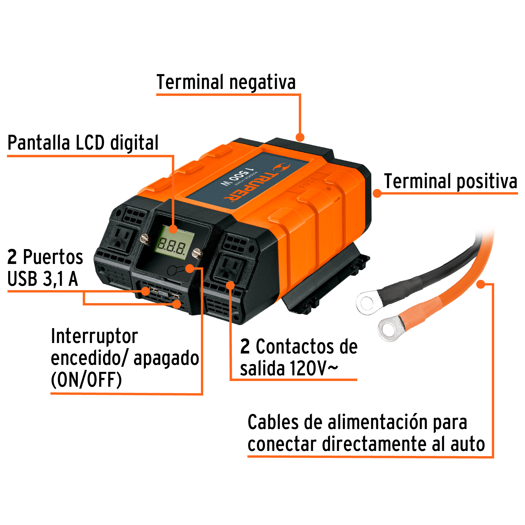 Inversor de corriente Truper de 1500 W con puertos USB INCO1500 naranja