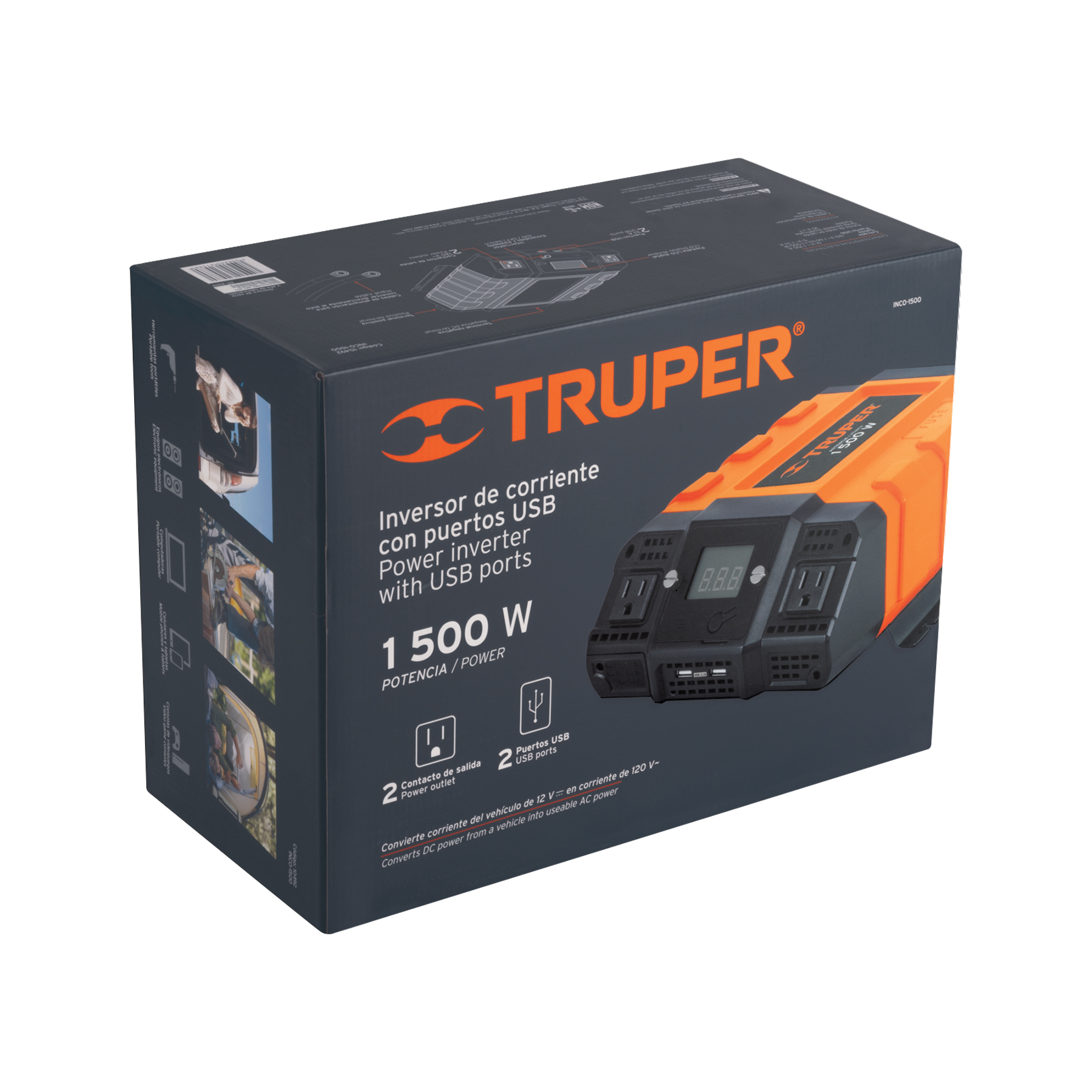 Inversor de corriente Truper de 1500 W con puertos USB INCO1500 naranja