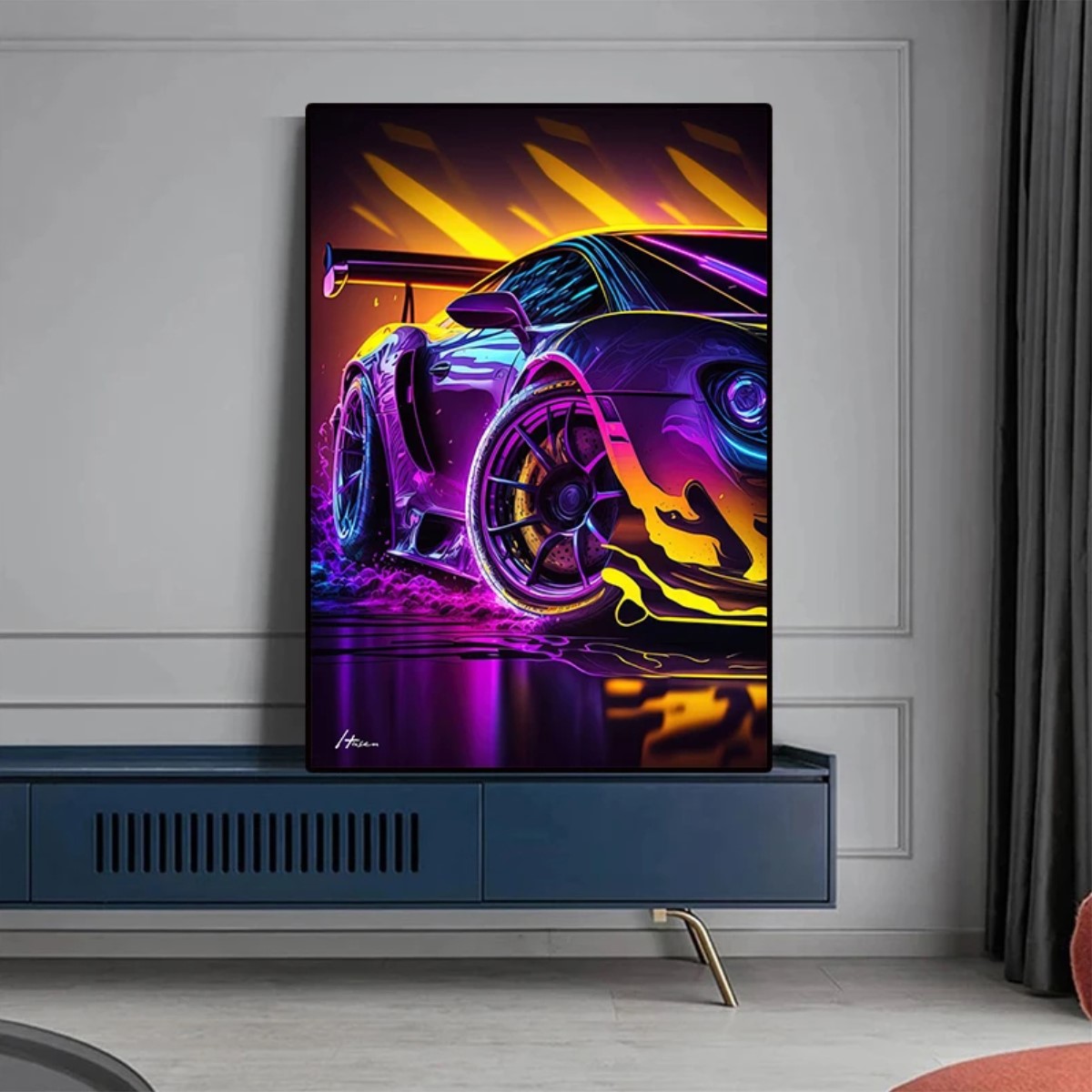 Póster coche Animal Cyberpunk neón estética Lobo pintura lienzo arte pared decoración habitación