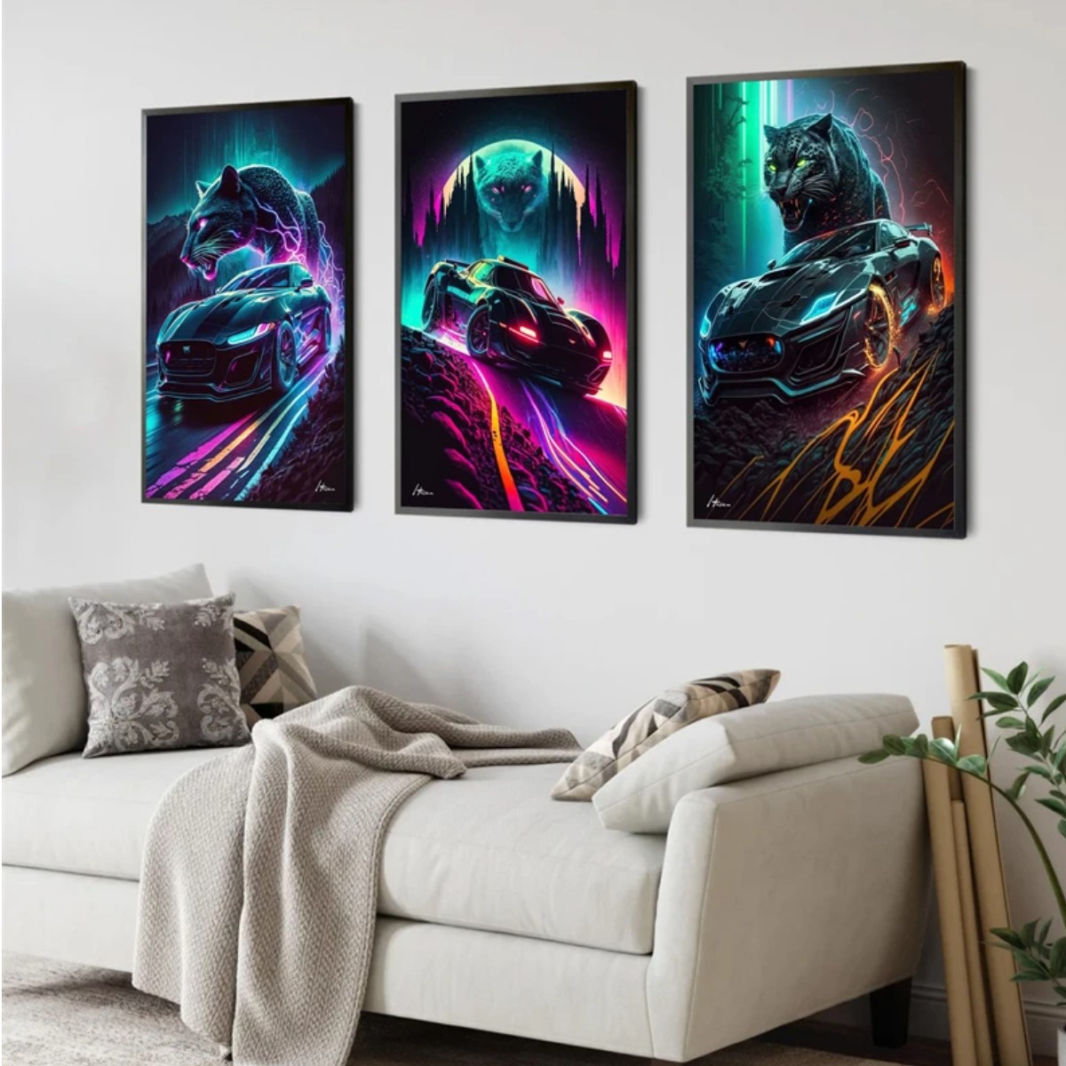 Póster coche Animal Cyberpunk neón estética Lobo pintura lienzo arte pared decoración habitación