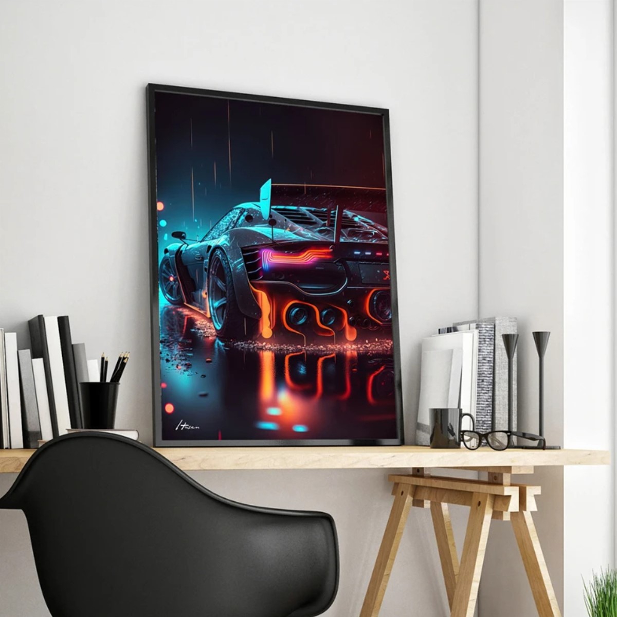 Póster coche Animal Cyberpunk neón estética Lobo pintura lienzo arte pared decoración habitación