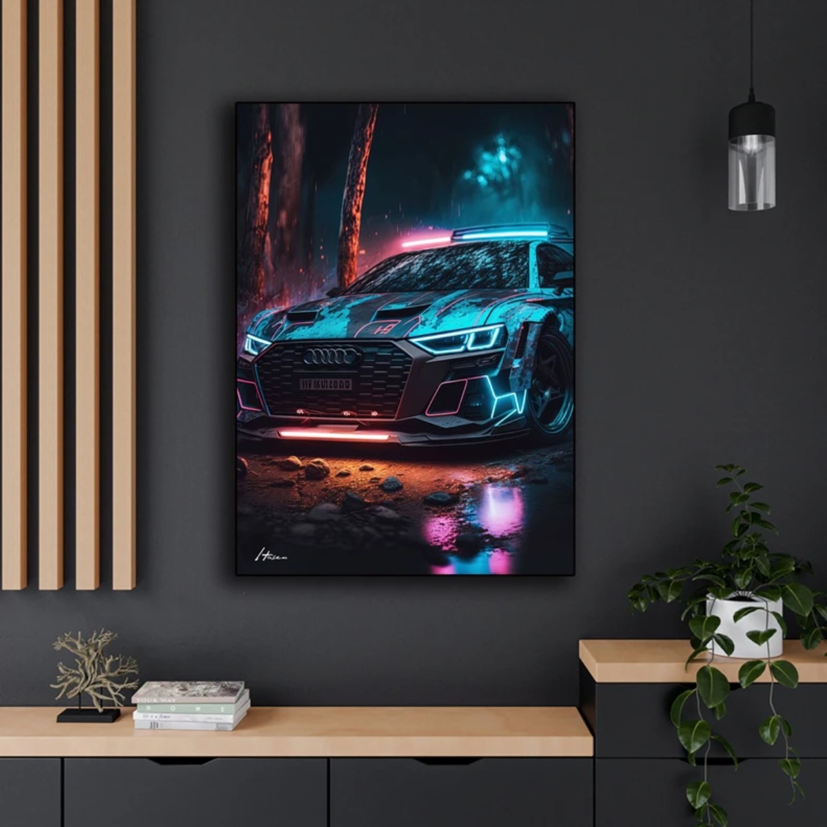 Póster coche Animal Cyberpunk neón estética Lobo pintura lienzo arte pared decoración habitación